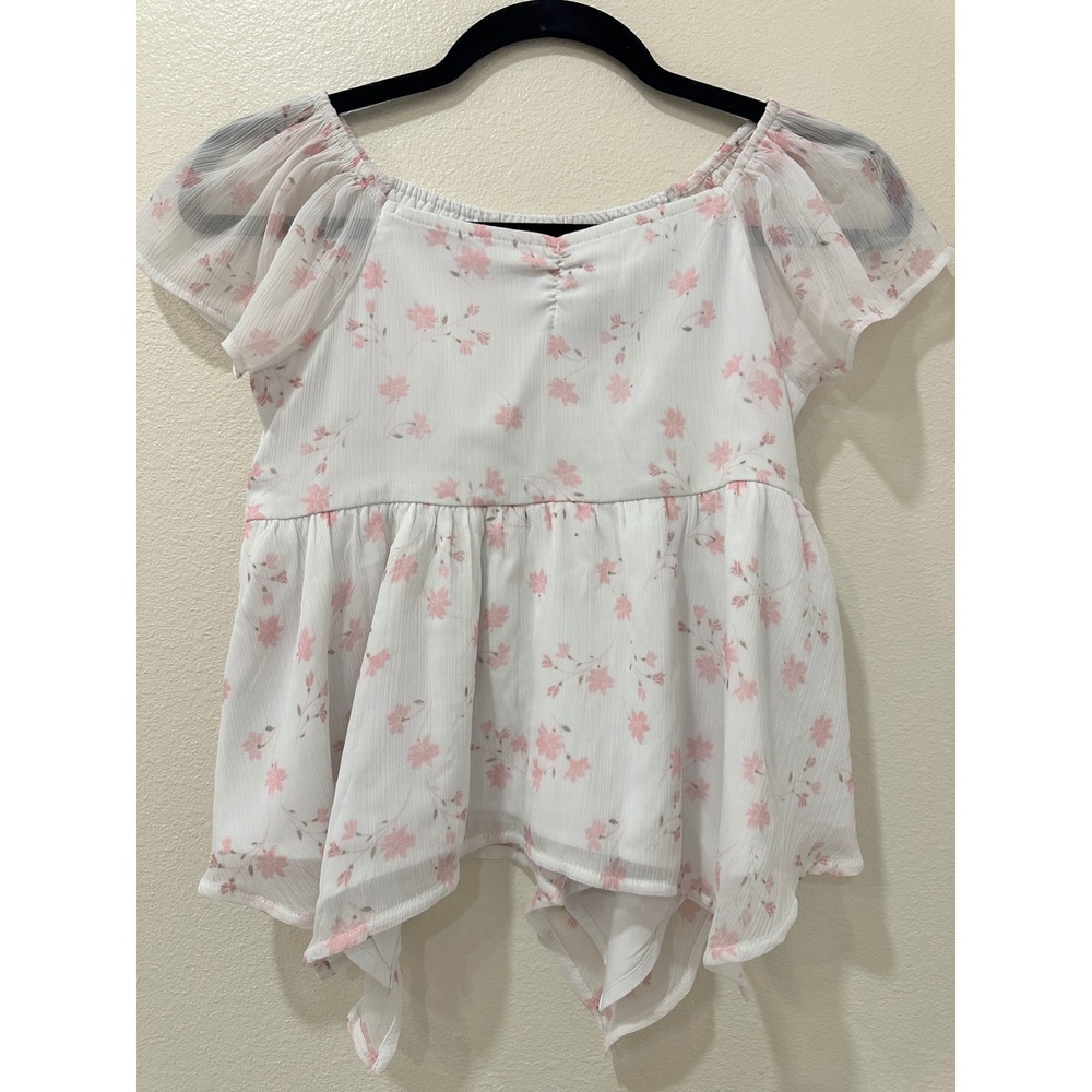 Abercrombie Kids White Pink Floral Chiffon Peplum Top Handkerchief Hem 13/14